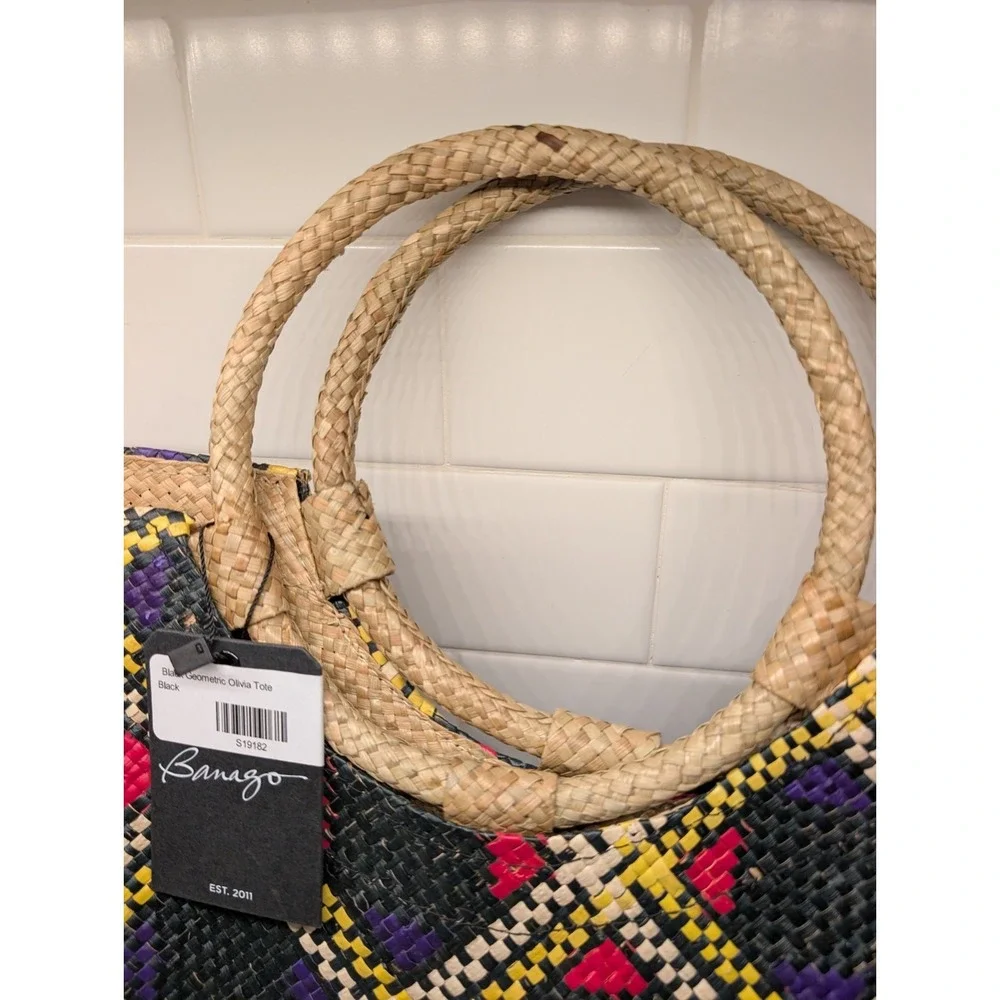 Banago Blue Geometric Olivia Tote Handwoven Palm Leaf Beach Market Bag NWT